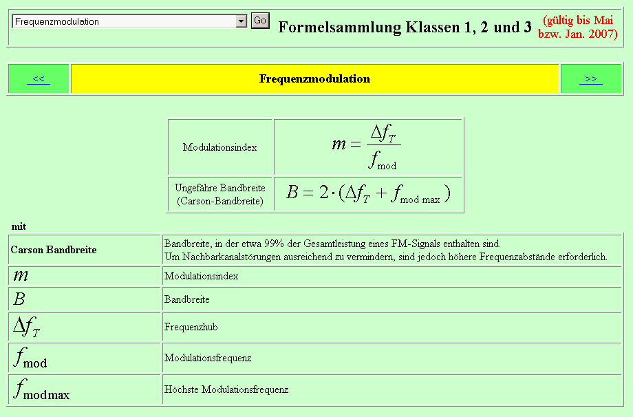 Formeln zur Frequenzmodulation